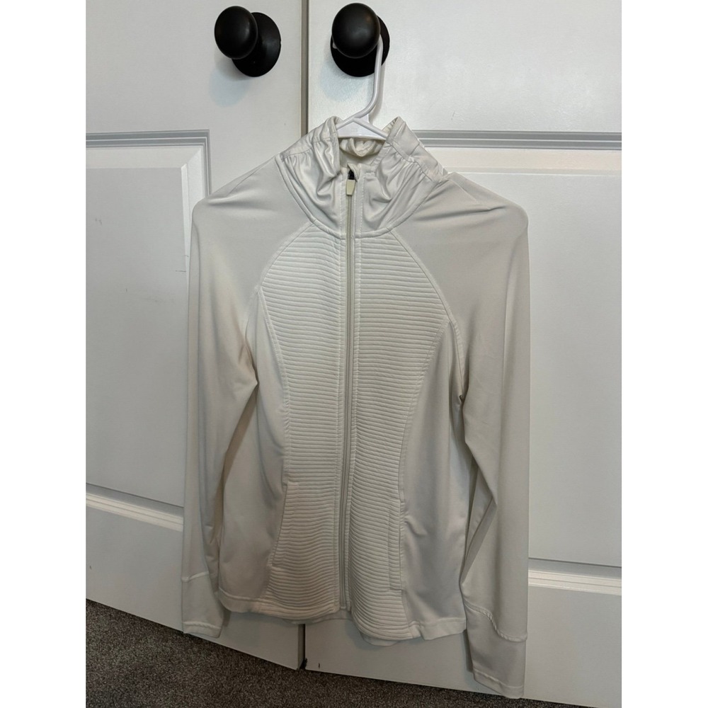 Athletic Gym Apparel White Zip Up Jacket Mock Neck Ribbed Panels XS Fits Medium